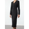 Womens Fashion Stylish Midi Length V Neck Regular Body-hugging Zipper Detailed Woven Dress