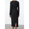 Womens Fashion Stylish Midi Length V Neck Regular Body-hugging Zipper Detailed Woven Dress
