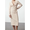 Womens Fashion Stylish Midi Length V Neck Regular Body-hugging Zipper Detailed Woven Dress