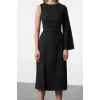Womens Fashion Stylish Midi Length Crew Neck Regular Belted A Cut Single Sleeve Detailed Woven Dress