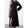 Womens Fashion Stylish Midi Length Crew Neck Regular Belted A Cut Single Sleeve Detailed Woven Dress