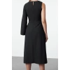 Womens Fashion Stylish Midi Length Crew Neck Regular Belted A Cut Single Sleeve Detailed Woven Dress