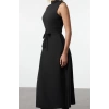 Women Fashion Stylish Midi Length Crew Neck Regular Belted Waist Open Woven Dress