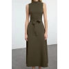 Women Fashion Stylish Midi Length Crew Neck Regular Belted Waist Open Woven Dress