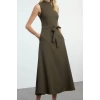 Women Fashion Stylish Midi Length Crew Neck Regular Belted Waist Open Woven Dress