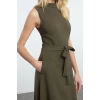 Women Fashion Stylish Midi Length Crew Neck Regular Belted Waist Open Woven Dress