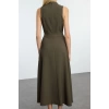 Women Fashion Stylish Midi Length Crew Neck Regular Belted Waist Open Woven Dress