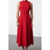 Women Fashion Stylish Midi Length Crew Neck Regular Belted Waist Open Woven Dress