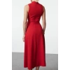 Women Fashion Stylish Midi Length Crew Neck Regular Belted Waist Open Woven Dress