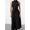 Women Fashion Stylish Midi Length Crew Neck Regular Belted Waist Open Woven Dress