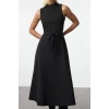 Women Fashion Stylish Midi Length Crew Neck Regular Belted Waist Open Woven Dress