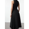 Women Fashion Stylish Midi Length Crew Neck Regular Belted Waist Open Woven Dress
