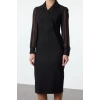 Women Fashion Stylish Midi Length Jacket Collar Regular Body-hugging Chiffon Sleeve Detailed Woven Dress