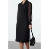 Women Fashion Stylish Midi Length Jacket Collar Regular Body-hugging Chiffon Sleeve Detailed Woven Dress