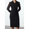 Women Fashion Stylish Midi Length Jacket Collar Regular Body-hugging Chiffon Sleeve Detailed Woven Dress