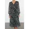 Womens Fashion Midi Length V Neck Regular Abstract Patterned Bodice Gipe Detailed Chiffon Lined Woven Dress