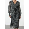 Womens Fashion Midi Length V Neck Regular Abstract Patterned Bodice Gipe Detailed Chiffon Lined Woven Dress