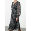 Womens Fashion Midi Length V Neck Regular Abstract Patterned Bodice Gipe Detailed Chiffon Lined Woven Dress