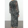 Womens Fashion Midi Length V Neck Regular Abstract Patterned Bodice Gipe Detailed Chiffon Lined Woven Dress