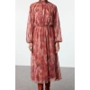Women Fashion Stylish Midi Length Stand Collar Regular Shawl Pattern Lined Woven Winter Dress