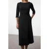 Women Fashion Stylish Midi Length Crew Neck Regular Waist Open Fabric Mixed Woven Dress