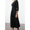 Women Fashion Stylish Midi Length Crew Neck Regular Waist Open Fabric Mixed Woven Dress