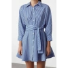 Women Fashion Stylish Mini Length Shirt Collar Regular Brown 001 Striped Woven Dress