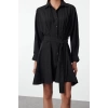 Women Fashion Stylish Mini Length Shirt Collar Regular Brown 001 Striped Woven Dress