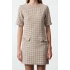 Womens Fashion Stylish Mini Length Crew Neck Regular Houndstooth Straight Cut Button Detailed Tweed Woven Dress