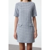 Womens Fashion Stylish Mini Length Crew Neck Regular Houndstooth Straight Cut Button Detailed Tweed Woven Dress