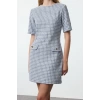 Womens Fashion Stylish Mini Length Crew Neck Regular Houndstooth Straight Cut Button Detailed Tweed Woven Dress