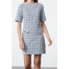 Womens Fashion Stylish Mini Length Crew Neck Regular Houndstooth Straight Cut Button Detailed Tweed Woven Dress
