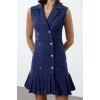 Women Fashion Stylish Mini Length Jacket Collar Regular Plaid Check Pleated Detailed Tweed Woven Jacket Dress