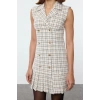 Women Fashion Stylish Mini Length Jacket Collar Regular Plaid Check Pleated Detailed Tweed Woven Jacket Dress