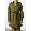 Womens Fashion Stylish Mini Length Shirt Collar Regular Waist Tunnel Detailed Cotton Woven Dress