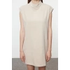 Women Fashion Stylish Mini Length Stand Collar Regular Straight Cut Woven Dress