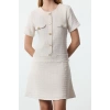 Women Fashion Stylish Mini Length Crew Neck Regular A Cut Button Detailed Tweed Woven Dress