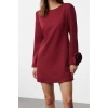 Women Fashion Stylish Mini Length Crew Neck Relaxed Straight Cut Rose Detailed Woven Dress