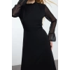 Kadın Moda Midi Boy Dik Yaka Regular Mavi Çiçek Desenli A Kesim Astarlı Şifon Dokuma Kışlık Elbise