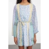 Womens Mini Length Crew Neck Regular Floral Patterned Skirt Opening at Waist Lined Woven Chiffon Dress