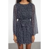 Womens Mini Length Crew Neck Regular Floral Patterned Skirt Opening at Waist Lined Woven Chiffon Dress
