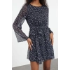 Womens Mini Length Crew Neck Regular Floral Patterned Skirt Opening at Waist Lined Woven Chiffon Dress