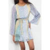 Womens Mini Length Crew Neck Regular Floral Patterned Skirt Opening at Waist Lined Woven Chiffon Dress