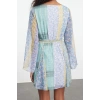 Womens Mini Length Crew Neck Regular Floral Patterned Skirt Opening at Waist Lined Woven Chiffon Dress