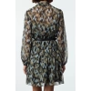 Womens Mini Length Regular Abstract Patterned Belted Skirt Opening at Waist Lined Chiffon Woven Dress