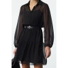 Womens Mini Length Regular Abstract Patterned Belted Skirt Opening at Waist Lined Chiffon Woven Dress