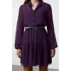 Womens Mini Length Regular Abstract Patterned Belted Skirt Opening at Waist Lined Chiffon Woven Dress