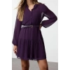 Womens Mini Length Regular Abstract Patterned Belted Skirt Opening at Waist Lined Chiffon Woven Dress