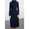 Women Fashion Stylish Midi Length Crew Neck Regular Shift Straight Cut Satin Woven Dress