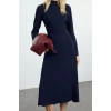 Women Fashion Stylish Midi Length Crew Neck Regular Shift Straight Cut Satin Woven Dress